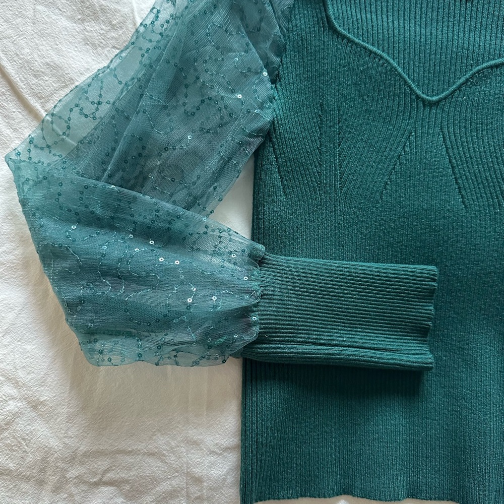 Elegant Teal Sweater with Sheer Sleeves